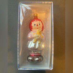 Kurt Adler Raggedy Ann Glass Christmas Ornament Yellow Teddy Bear